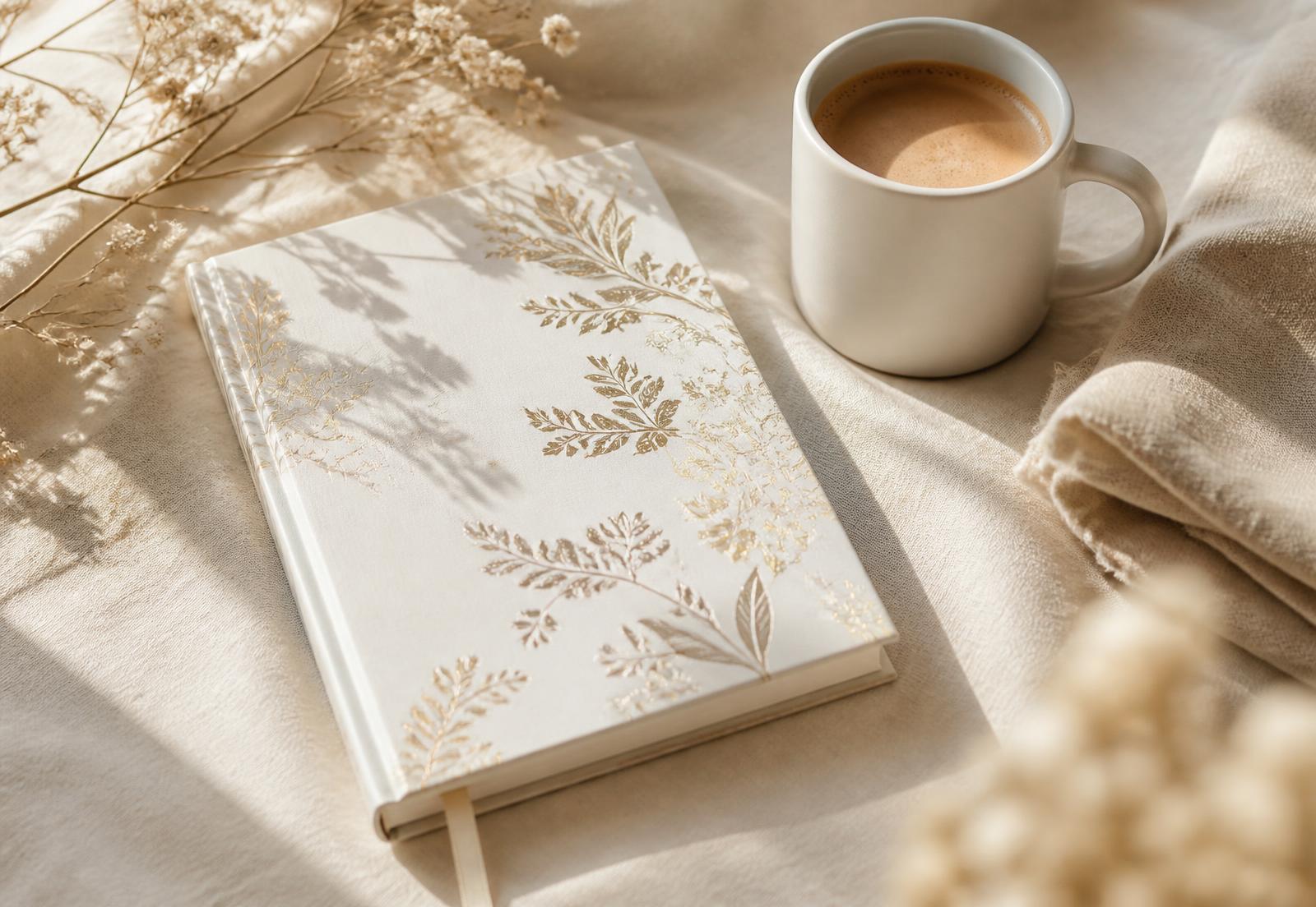 Gold floral journal and ceramic mug on cream linen in morning light