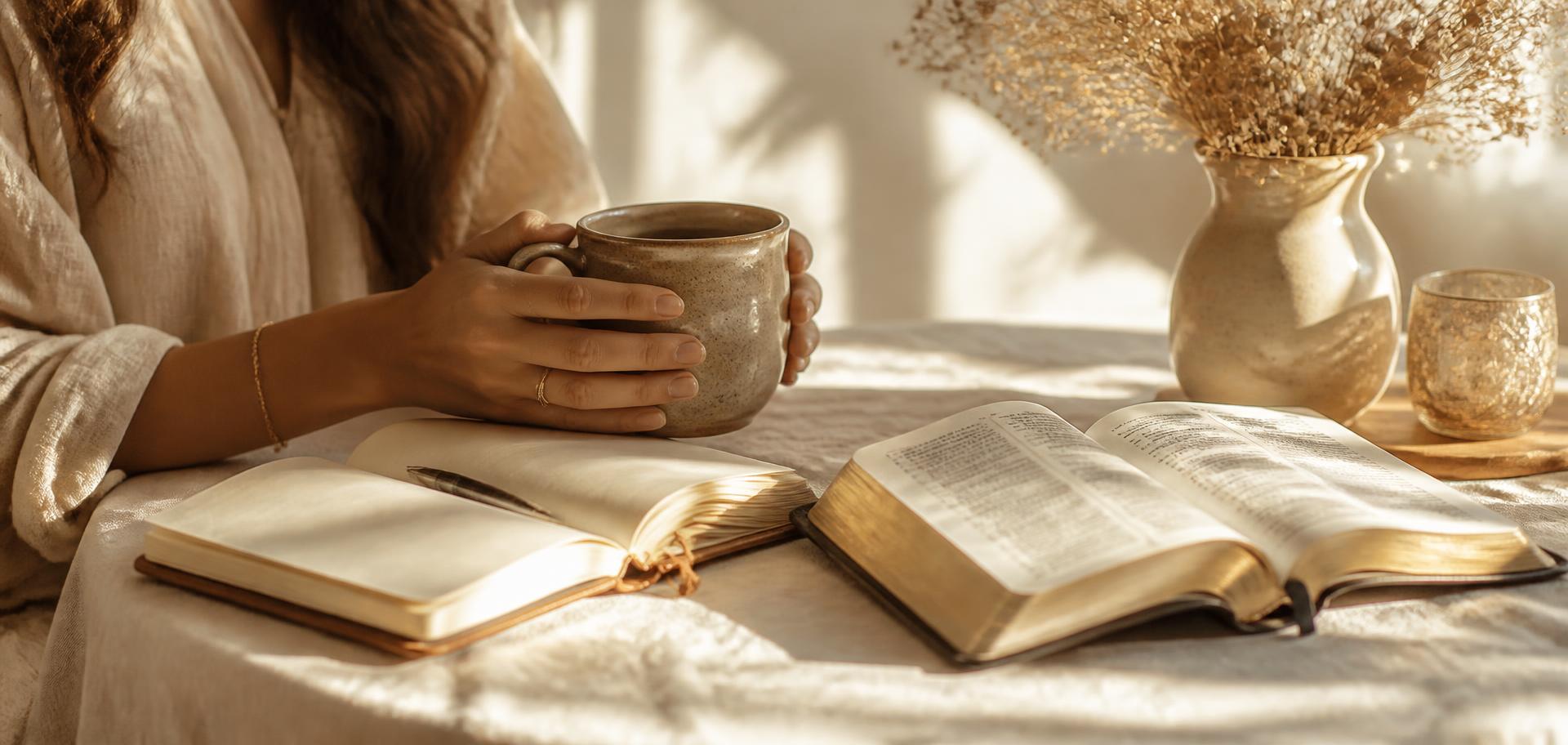 A quiet morning with coffee, an open journal and an open Bible in soft sunlight